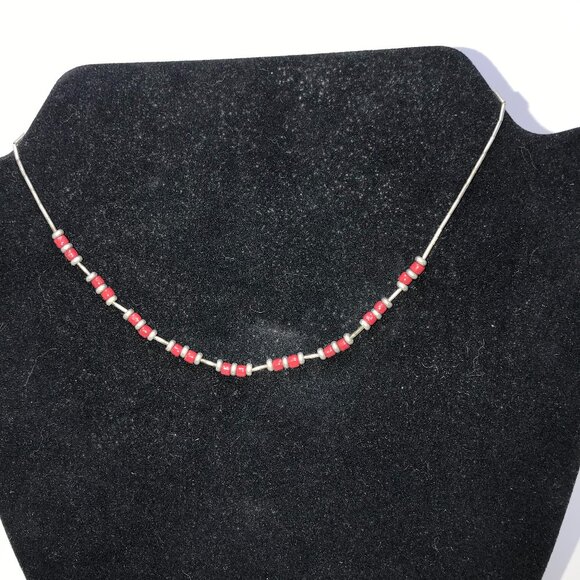 15" Shiny Orange Red and Silver Beaded Necklace - Picture 1 of 7